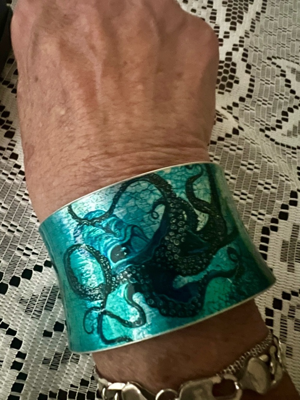 Turquoise Octopus Enamel Cuff Bracelet Hand Made